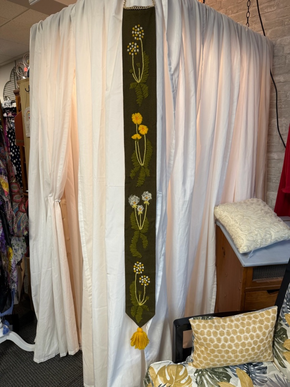 Hand-Embroidered Olive Green Floral wall Hanging with Tassel